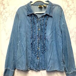Vintage St John’s Bay Ruffle Denim Blouse XL Blue Western Boho Classic